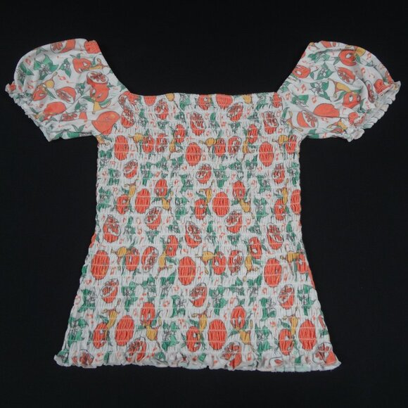 DISNEY PARKS VAULT 50 YRS ORANGE BIRD SMOCKED RUFFLED SMALL WOMENS T-SHIRT L185 - Picture 1 of 5